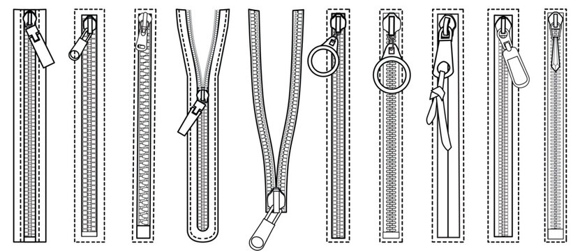 Zipper Fasteners Vector Illustration Technical Cad Drawing Template