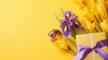 Irises flowers on bright yellow spring background, Easter festive background with gift box Generative AI