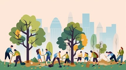 Planting tree in city park. People group working in garden, volunteers gardening in public space. Ecology volunteering, care environment Generative AI