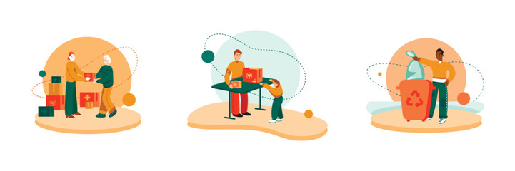 Set of multiracial young cartoon characters volunteering. Men and woman helping other people and ecosystem. Active youth and charity. Donations from community support for elderly persons. Vector