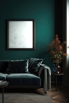 Mock-up frame in dark green home interior with sofa, fur, table and branch in vase. Created with Generative AI Technology. 