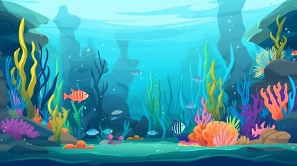 Fototapeta na wymiar Tropical sea underwater fishes on coral reef. Aquarium oceanarium wildlife colorful marine panorama landscape Generative AI
