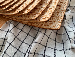 Traditional Jewish Kosher matzah bread on a rustic background. Passover holiday concept. Close up