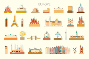 Travel Europe famous architectural landmarks isolated set