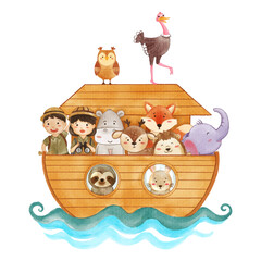 Obraz premium Noah 's ark with many wildlife animals . The flood concept . Realistic watercolor paint with paper textured . Cartoon character design . Vector .