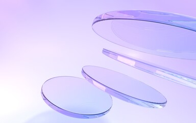 Flying crystal or glass disks on purple abstract geometric background 3d render. Iridescent transparent plates, circle panels with flare and light refraction from prism, wallpaper. 3D illustration