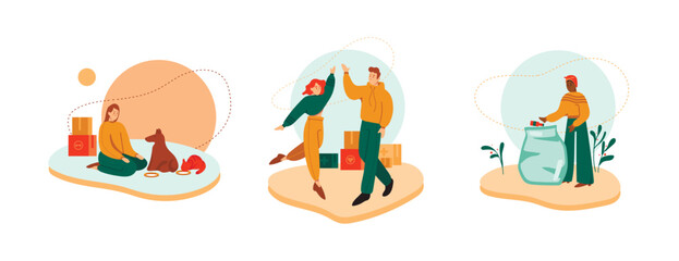 Set of multiracial young people from volunteering organization. Process of helping others and pets. Cartoon characters doing charity and donations. Social active youth. Vector