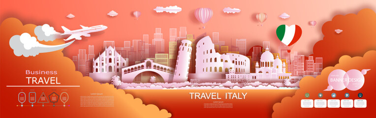Infographic advertising travel brochure Italy with modern and ancient architecture.