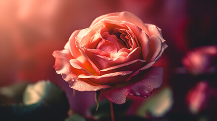 Close-up, pink rose on a blurred background, generative AI.