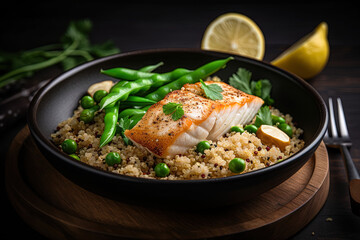Fish meal with quinoa, green beans, peas, and asparagus. Healthy food concept