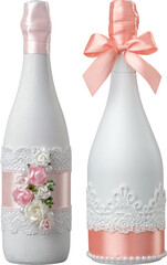 Two wedding champagne bottle decorated with rose flowers, lace and ribbon, isolated.