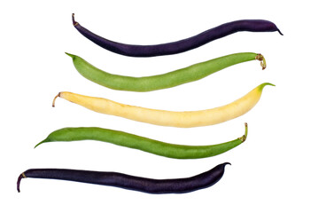 Purple, green and yellow Wax Snap Beans on the white background.Isolated.Top view