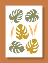 Abstract symbol of monstera leaves and fruits in pastel colors. Simple minimal style of monstera. Vector illustration.