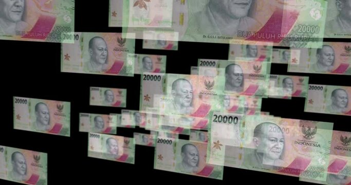 Indonesian Rupiah 20000 IDR banknote loop. Flying between transparent money Indonesia note. 3D seamless looped abstract concept of business, economy, finance, crisis and banking.