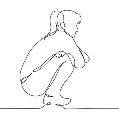 squatting woman silhouette - one line drawing vector. concept to be sad alone, nowhere to sit
