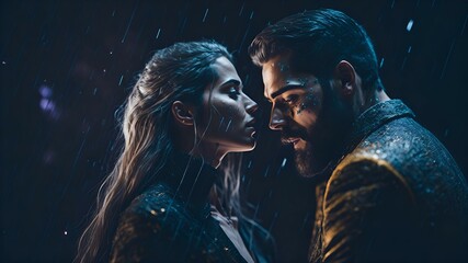 A couple at night in the rain, a romance of an Indian man and a European girl. Great for ads, book covers, posters and more. Generative AI