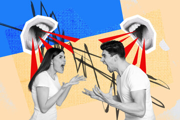 Picture poster creative pop collage image of angry aggressive people shouting solving trouble...