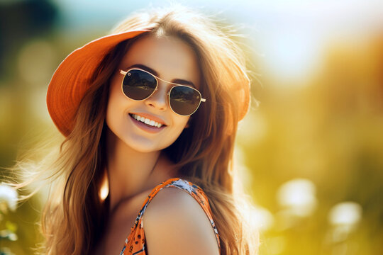 Happy woman in sunglasses summertime, Generative AI