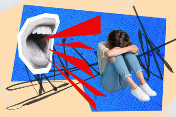Collage poster picture artwork image of sad upset woman abuse victim sitting listening accusation...