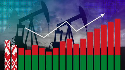 Fototapeta premium Belarus oil industry concept. Economic crisis, increased prices, fuel default. Oil wells, stock market, exchange economy and trade, oil production