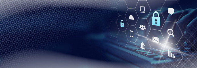 Cyber, personal data, privacy and information security. Internet networking  protection security system concept. Padlock icon on tech code background. Banner. Copy space.