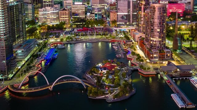 Aerial hyperlapse, dronelapse video of Elizabeth Quay of Perth city at night