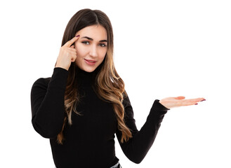 Portrait of beautiful young waman holding something on her hand isolated on white background.  Adorable twenty year old girl presentation and pointing finger to forehead, think about it.