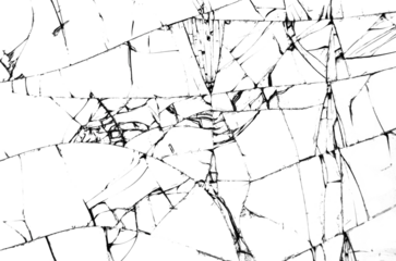 Texture of broken glass, cracks on glass with white background, concept of cracks for design.