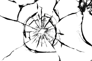 Cracked glass on a white background. Broken window. Bullet hole, abstraction for design