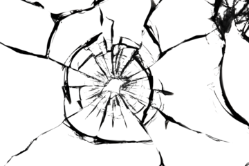 Cracked glass on a white background. Broken window. Bullet hole, abstraction for design