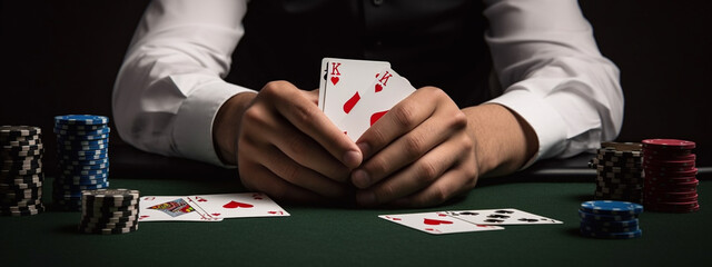 poker man holding cards in hands. Generative AI