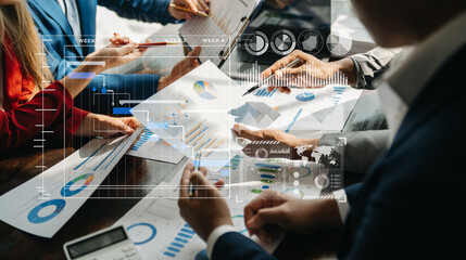 Businessman hand Project manager working and update tasks and Gantt chart scheduling virtual diagram.with smart phone, tablet and laptop in office.