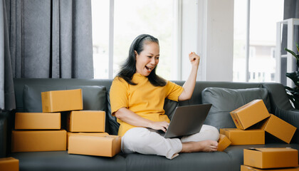 Senior business owner woman prepare parcel box and standing check online orders for deliver to customer on tablet, laptop Shopping Online concept..