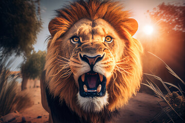A ferocious lion roars at the camera at sunset. AI Generated