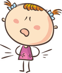 Doodle little girl suffering illness like stomach ache. Cartoon kid clipart.