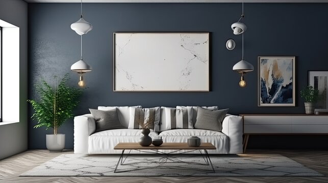 Interior of living room with white sofa, chest and mock up poster. Created with Generative AI Technology. 