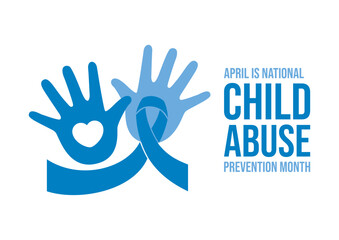 April Is National Child Abuse Prevention Month vector illustration. Child hands palm with heart shape and blue awareness ribbon icon vector isolated on a white background. Important day