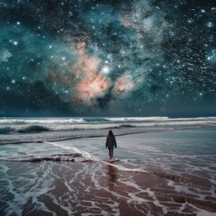 Surrealistic collage. A person walks along the ocean against the background of stars and galaxies