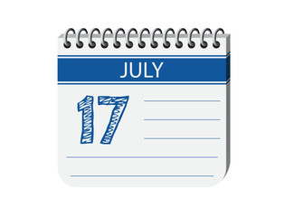 17 july calendar page vector. 3d one day calendar date appointment, holiday, deadline, event reminder illustration. Abstract three dimensional daily date calendar. 