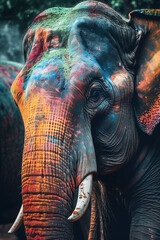 Indian elephant with colorful paint during Holi