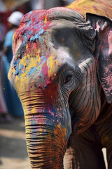 Indian elephant with colorful paint during Holi