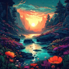 Visually stunning and surrealist nature scene filled with vibrant and illuminated colors using vector illustration. The end result should be a highly realistic and detailed image that truly captures