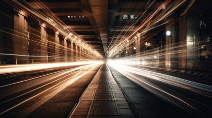 Obraz na płótnie Canvas Abstract long exposure dynamic speed light rails in city. Generative AI