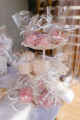 Homemade marshmallows on a three-tiered bookcase at a sweet bar at a wedding or party