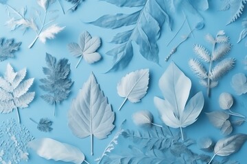 blue and white background with leafs