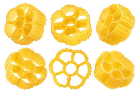 raw Rotelle, uncooked Italian Pasta, isolated on white background, full depth of field