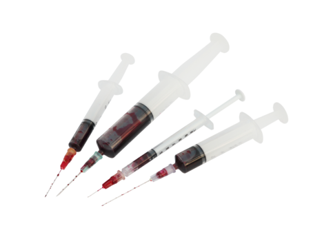 set of syringe with blood on transparent background png file
