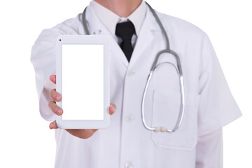close-up doctor showing tablet computer blank screen on transparent background png file