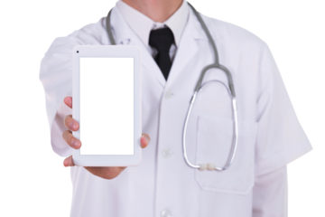 close-up doctor showing tablet computer blank screen on transparent background png file