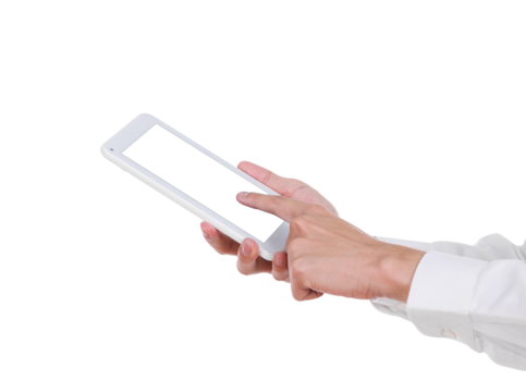 hand with small tablet computer blank screen on transparent background png file